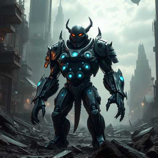 The image depicts a menacing, robotic monster standing amidst the ruins of a city. This formidable creature, reminiscent of a blend between a monster and a robot, is clad in intricate black armor adorned with glowing blue lights. Its head features two prominent horns, and its eyes emit an eerie, fiery orange glow. The monster's mouth is filled with sharp, jagged teeth, adding to its terrifying appearance. Its long, clawed fingers and a tail-like appendage extending from its crotch area further emphasize its fearsome nature. The backdrop reveals a city in complete devastation, with buildings reduced to rubble and debris scattered across the ground. The sky above is overcast with thick, gray clouds, enhancing the ominous atmosphere of the scene.