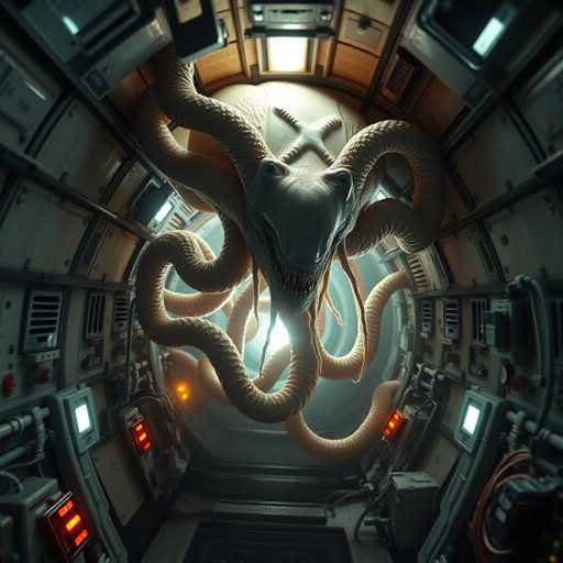 The image depicts an alien creature with a large head and multiple tentacles, possibly resembling a squid or octopus, floating inside a spaceship. The creature is positioned centrally within the frame, facing towards the right side of the image. The background features various buttons and switches scattered around the space station, suggesting it's a functional area for controlling the ship's systems.
The color palette consists mainly of shades of gray and white, with some red and orange accents adding contrast to the otherwise monochromatic scene.