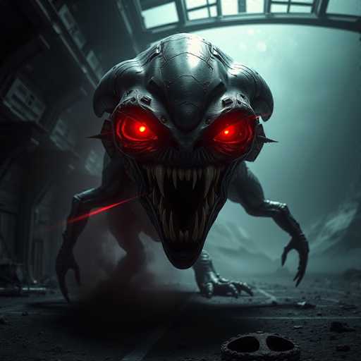 The image depicts a menacing, metallic monster with a distinctly mechanical appearance. Its head is adorned with intricate metal plates, giving it a robotic aesthetic. The creature's eyes are glowing red, adding to its sinister aura. Its mouth is wide open, revealing sharp, menacing teeth. The monster has four legs, each ending in three long, claw-like toes. The background is dark and foreboding, with a bluish-green hue that enhances the eerie atmosphere. The ground beneath the monster is littered with debris, including a metal plate with two holes. The overall scene is reminiscent of a sci-fi horror movie, with the monster poised as if ready to attack.