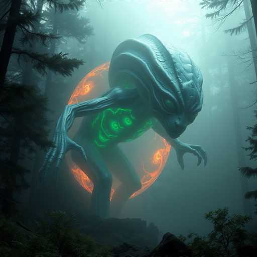 The image depicts a computer-generated, otherworldly creature standing in a dense forest. The creature has a long, slender neck and a head that resembles a snake, with a pointed nose and a mouth that appears to be open. Its body is primarily gray, with a glowing green chest that features intricate designs. The creature's arms are long and thin, ending in three claw-like fingers, while its legs are similarly elongated and thin. Surrounding the creature is a large, fiery ring of orange and yellow flames, adding to the eerie atmosphere. The forest setting is dark and dense, with tall trees and a ground covered in greenery, creating a stark contrast to the creature's otherworldly presence.