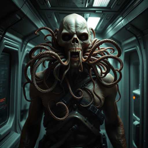 The image depicts a menacing creature with a skeletal face, featuring hollow eye sockets and a nose resembling a skull's nasal cavity. Its mouth is agape, revealing sharp teeth, and from its chin dangle tentacles that extend to the sides of its head. Additional tentacles emerge from the back of its head, curling around its shoulders. The creature's body is muscular and shirtless, with a strap running diagonally across its chest, suggesting it might be carrying a weapon. It stands in a futuristic, metallic corridor illuminated by fluorescent lights, with a computer screen visible on the left side of the image. The overall scene evokes a sense of sci-fi horror, reminiscent of something from a movie like Alien.