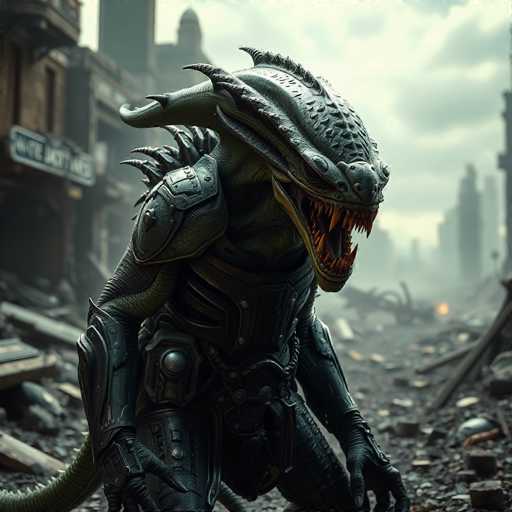 The image depicts a green alien with sharp teeth and claws standing on its hind legs in the center of an urban landscape. The alien is wearing a black suit with silver accents and has its mouth open wide as if roaring or growling. In the background, there are buildings and rubble, suggesting that this scene takes place in a city or town that has been devastated by some sort of disaster or conflict.
The image does not contain any discernible text.