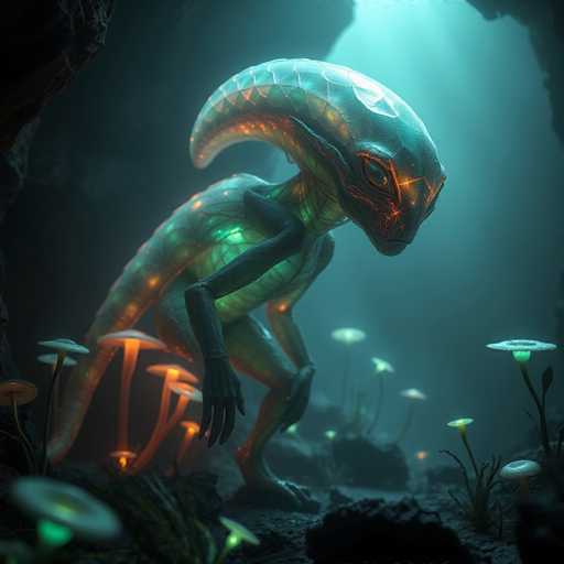 This digital artwork depicts an otherworldly creature, possibly an alien or a fantastical reptilian being, set in a dark, cavernous environment. The creature has a long, scaly tail that curves upwards and a body covered in scales, with a glowing green belly. Its head is elongated and somewhat resembles a snake, with a large, prominent eye and a mouth that appears to be smiling. The creature's arms are long and black, ending in hands with four fingers each, and it stands on two legs, giving it a bipedal stance. The scene is illuminated by bioluminescent mushrooms and other glowing plants scattered around the rocky cave floor, casting an ethereal light on the creature. The background is dark and hazy, with a bluish tint, enhancing the mysterious and alien atmosphere of the image.