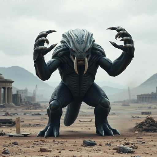 A colossal, four-armed alien creature with scaly, reptilian skin dominates a desolate, battle-scarred landscape. Its menacing, tusk-like mouth is open in a silent roar, revealing sharp teeth. The creature stands on cracked earth amidst rubble and debris, its form casting a shadow over the bleak scene. The overall art style is hyper-realistic and dramatic, emphasizing scale and a sense of otherworldly power.