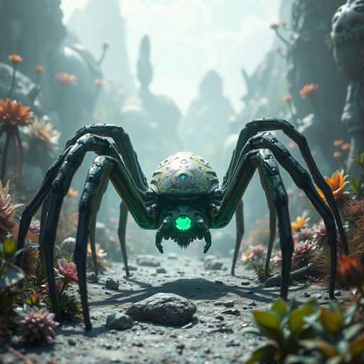 The image depicts a highly detailed, computer-generated scene of a fantastical, metallic spider-like creature. The spider, which appears to be made of dark gray and black metal, has eight long, segmented legs that are bent at the joints, giving it a menacing stance. Its body is round and bulbous, adorned with various circular patterns and a prominent blue light in the center. At the front of its body, there's a glowing green orb, adding to its otherworldly appearance. The creature is positioned on a rocky, gravelly surface, surrounded by vibrant, colorful flowers in shades of orange, pink, and purple. In the background, there are large, blurred stone statues and a foggy, light blue sky, enhancing the surreal and mysterious atmosphere of the scene.