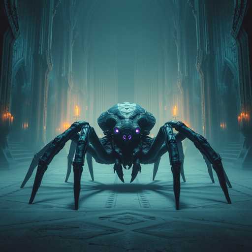 The image depicts a highly detailed, computer-generated scene of a monstrous spider-like creature standing in the center of a grand, ornate room. The creature, which appears to be made of black metal, features eight legs, two prominent mandibles, and a large, rounded back. Its most striking features are its glowing purple eyes and nose, which add an eerie, otherworldly quality to its appearance. The room itself is reminiscent of a medieval castle or cathedral, with intricate stone carvings, archways, and tall, ornate pillars. The floor is tiled with a diamond pattern, and the walls are adorned with numerous torches that cast flickering shadows, enhancing the dark and mysterious atmosphere. The overall color palette of the image is dominated by shades of gray, black, and purple, contributing to the ominous and foreboding mood.