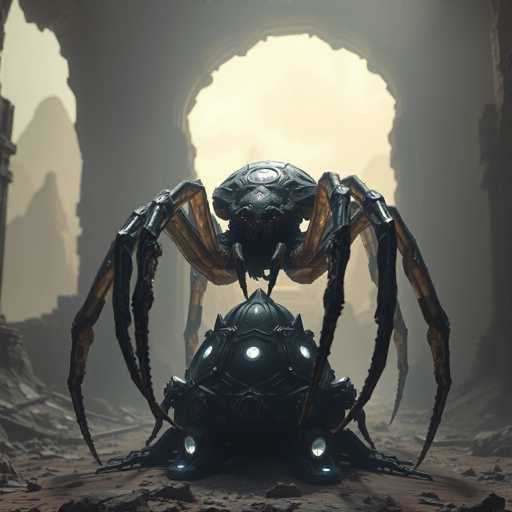 A colossal, alien spider dominates a desolate, otherworldly landscape. Its chitinous body gleams with an eerie sheen, its multifaceted eyes glow with a cold light, and its legs extend in a menacing posture. The scene is set within the ruins of a long-abandoned city, bathed in a soft, ethereal light. The overall style is hyperrealistic and sci-fi, creating a truly alien and unsettling atmosphere.
