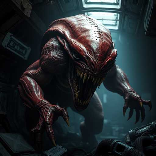 The image depicts a menacing alien creature with a strikingly large, red head that dominates the frame. Its head is adorned with a series of prominent stitches running from the top of its skull down to its nose, giving it a grotesque, Frankenstein-like appearance. The creature's eyes are small and intense, set deep within its head, and its mouth is agape, revealing rows of sharp, yellow teeth that resemble fangs. Its body is muscular and covered in scales, with arms that end in hands with four long, pointed fingers each. The creature stands in a dimly lit room, possibly a spaceship or a dark room, with its hands resting on a table. The background is blurry, but there are hints of machinery and a window with bars, adding to the eerie and foreboding atmosphere.