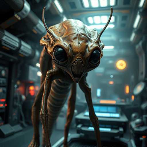 The image depicts a highly detailed, computer-generated scene of an alien creature inside a futuristic spaceship. The alien, which has a coppery-brown coloration, stands on four spindly legs and features a long, segmented torso. Its head is adorned with large, black eyes and two prominent antennae. The alien's mouth is open, revealing a glimpse of its teeth, and it appears to be staring directly at the viewer. The spaceship's interior is illuminated by various lights, including orange and blue hues, and features an array of control panels, buttons, and screens. The background is slightly blurred, emphasizing the alien in the foreground. The overall atmosphere is dark and industrial, with a metallic and high-tech aesthetic.