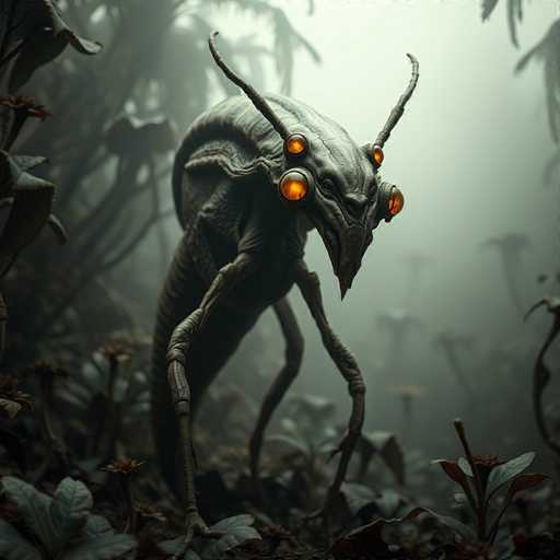 The image depicts a highly detailed, computer-generated alien creature standing in a foggy, eerie forest. The creature, resembling a cross between a grasshopper and a spider, has a dark gray, almost black body with a rounded, bulbous head. It features four distinct orange eyes: two large ones on the sides of its head and two smaller ones on the front. The alien has two long, thin antennae extending from its head and a pointed nose. Its body is supported by four long, spindly legs, each ending in three claw-like toes. The creature stands amidst tall, dark green plants with brownish flowers, some of which are drooping due to the weight. The background is shrouded in mist, with indistinct, shadowy trees and plants, adding to the overall mysterious and unsettling atmosphere of the scene.