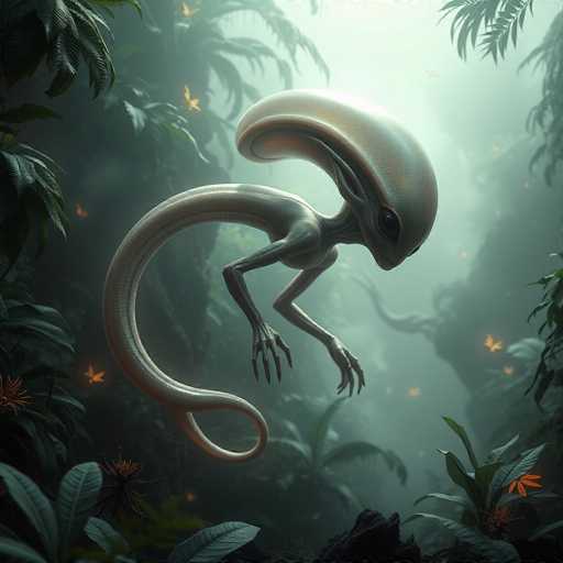 The image depicts a computer-generated, otherworldly creature set in a lush, tropical jungle environment. The creature, resembling an alien or an underwater fish, has a long, slender body with a large, smooth, and shiny head that curves backward like a banana. Its body is primarily gray with a hint of green, and it features two long, bent legs ending in sharp claws. The creature's tail is equally long and curves back towards its body. It has a single, large black eye on the side of its head, giving it a somewhat menacing appearance. The background is filled with dense green foliage, including palm trees and various plants, some of which have orange flowers. The scene is illuminated by a light source from the top right, casting a glow on the creature and the surrounding vegetation. The overall atmosphere is misty and ethereal, enhancing the mysterious and alien nature of the setting.