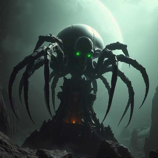 The image depicts a menacing, computer-generated creature that combines elements of a giant spider and a skull. The creature stands on a rocky surface, with a large, glowing green eye on each side of its skull-like head. Its body is covered in dark, blackish-gray fur, and it has eight long, spider-like legs that are spread out in a menacing stance. The creature's back features a large, rounded shell, adding to its intimidating appearance. Behind it, a massive moon looms in the sky, casting an eerie glow over the scene. The background is filled with dark, rocky terrain, enhancing the overall ominous atmosphere. The creature's glowing green eyes and its imposing size make it appear highly dangerous, as if it could be a formidable foe in a video game or animated movie.