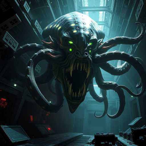 The image depicts a menacing, octopus-like creature with a large, bulbous head and glowing green eyes. Its gaping mouth reveals sharp, yellow teeth, adding to its terrifying appearance. The creature has numerous tentacles extending from its head, some of which are adorned with red spikes. It appears to be emerging from a dark, industrial setting that resembles a high-tech facility or spaceship. The environment is dimly lit, with various screens displaying red text and numbers, enhancing the eerie atmosphere. The creature's head is illuminated by a light source from above, casting an ominous glow on its features. The overall scene suggests a blend of science fiction and horror, with the creature poised as if ready to attack.