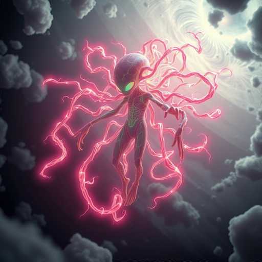 A glowing, alien creature with a bulbous head and long, tendril-like limbs floats amidst swirling, dark clouds. The creature's body is a deep teal with glowing pink tendrils extending from it, creating an ethereal and otherworldly feel. The overall art style is digital painting with a focus on soft lighting and atmospheric depth, evoking a sense of mystery and the unknown.