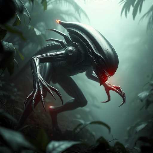 This image depicts a menacing, metallic creature that appears to be a hybrid between an alien and a mechanical entity. The creature has a long, pointed head with a glowing red light emanating from its mouth, which is filled with sharp, white teeth. Its body is predominantly black and gray, with a sleek, metallic texture. The creature's arms are long and thin, ending in hands with four sharp, claw-like fingers each. It stands on two legs, one of which is slightly bent, giving it a poised, ready-to-attack stance. The creature is positioned in the center of the image, set against a backdrop of a dense, dark forest with tall trees and thick foliage. The overall scene is shrouded in a misty, foggy atmosphere, adding to the eerie and ominous mood. The color palette includes shades of black, gray, red, orange, green, and white, enhancing the otherworldly and threatening presence of the creature.