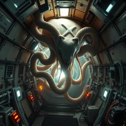 This image depicts a menacing creature that appears to be a hybrid between a octopus and a human skull. The creature's head is shaped like a skull, with a gaping mouth filled with sharp teeth. Its tentacles are numerous and thick, resembling those of an octopus, and they twist and curl around its body. The creature is positioned in the center of a circular room, which has a metallic floor and walls lined with various electronic panels, buttons, and lights. The room's ceiling features an 'X' shape, adding to the eerie atmosphere. The overall scene is dark and foreboding, with the creature's glowing eyes and open mouth contributing to its terrifying presence.