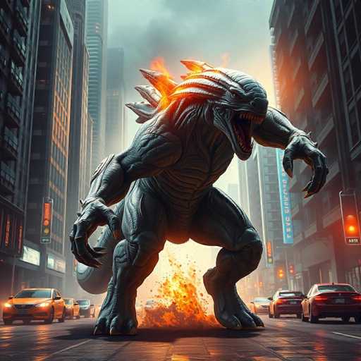 A colossal, alien creature with thick, scaly skin and a powerful roar bursts through the futuristic cityscape. The scene is rendered in a hyper-realistic, cinematic style with a wide, dramatic shot, showcasing the creature's imposing presence against the urban environment. The overall aesthetic is a blend of science fiction and fantasy, emphasizing scale and power.