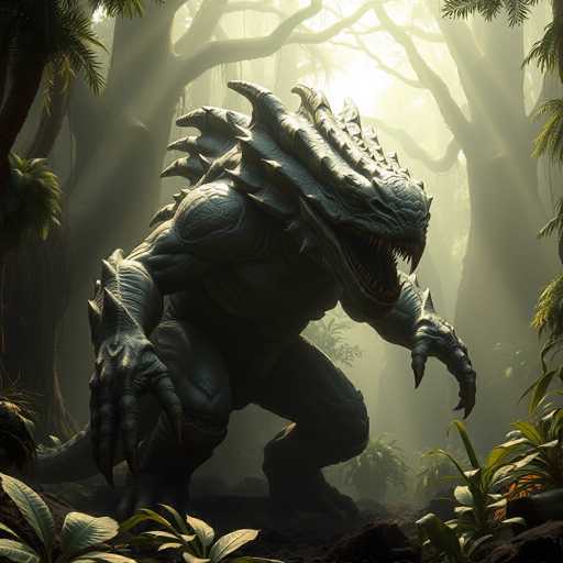 The image depicts a highly detailed, computer-generated scene of a monstrous creature standing in a dense, tropical forest. The creature, resembling a dinosaur or dragon, is covered in scales and adorned with numerous spikes along its back and head. It has a muscular build with large, clawed hands and a long tail. Its mouth is wide open, revealing sharp, menacing teeth. The creature's body is predominantly gray, with some areas appearing greenish. The forest around it is lush with tall trees, palm fronds, and various plants, creating a misty and foggy atmosphere. Sunlight filters through the canopy, casting a yellowish hue over the scene and highlighting the creature's fierce presence. The overall image is dark and eerie, with the monster appearing to be the focal point amidst the shadowy, misty forest.