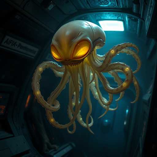 A bioluminescent, alien creature resembling an octopus dominates the frame. Its bulbous head glows with intense orange light, contrasting with its pale, textured body. The creature is suspended within a dark, metallic space station environment, possibly a spaceship or underwater vessel, with visible panels and glowing lights in the background. The overall art style is a blend of science fiction and digital illustration, emphasizing a futuristic, otherworldly aesthetic.