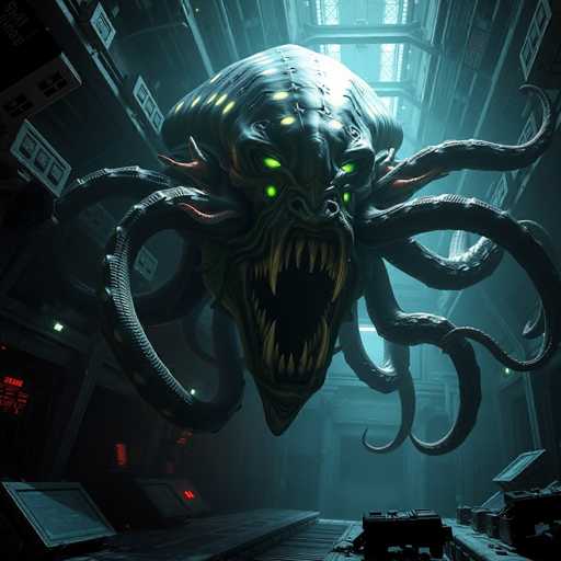 The image depicts a large green-eyed monster with red and white stripes on its head, standing in the center of a room filled with various objects including a computer monitor, a keyboard, and a mouse. The monster is surrounded by an array of items that suggest it could be a spaceship or a futuristic setting.