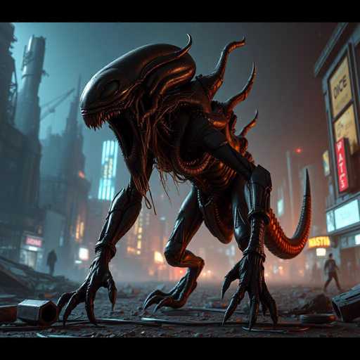 The image depicts a large, dark-skinned alien creature with sharp teeth and claws, standing on its hind legs and facing towards the right side of the frame. The creature is surrounded by an urban setting, including buildings and neon signs, suggesting it may be in a city or town environment.