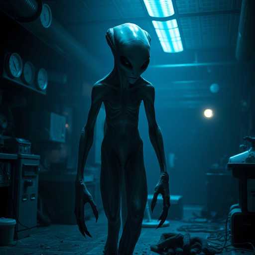 The image depicts an alien creature with a large head and two arms standing on its hind legs in the center of a room filled with various objects including clocks, a lamp, and a microwave oven. The creature is facing towards the right side of the frame, giving the impression that it is observing something or someone outside the frame.