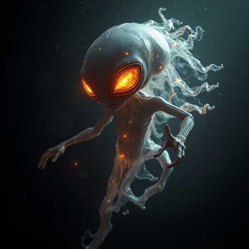 The image depicts a computer-generated, otherworldly creature set against a dark, starry background. The creature has a humanoid form with a long, slender torso and thin limbs, all of which are semi-transparent and glowing with an inner light. Its head is large and egg-shaped, featuring enormous, almond-shaped eyes that emit a fiery orange glow, resembling flames. The creature's arms are outstretched, with its right hand appearing to point towards the viewer and its left hand slightly curled. Its body is adorned with vein-like patterns that glow, adding to its ethereal appearance. Behind the creature, wispy, smoke-like tendrils extend from its back, enhancing its ghostly and alien nature. The overall scene is dark, with the creature's luminous features creating a striking contrast against the starry backdrop.