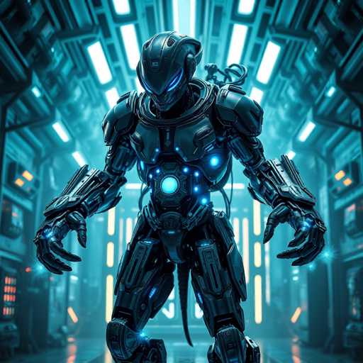 The image depicts a robot standing in an industrial setting with blue neon lights illuminating the space around it. The robot is wearing a helmet and has large arms and legs that give it a towering presence. It appears to be in motion, as if ready for action or exploration.