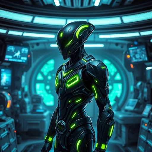 The image shows a person wearing a futuristic green suit with neon yellow accents and a helmet that has a glowing light on the top. The individual is standing in front of a large circular window, which appears to be part of an advanced space station or spaceship.