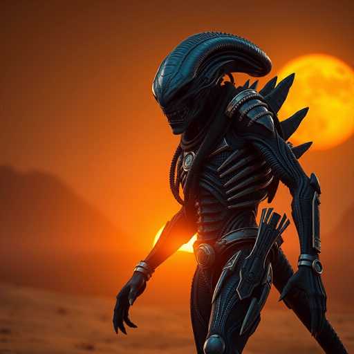 The image depicts a menacing alien creature set against a dramatic, orange-hued background. The alien has a sleek, black body with a long, pointed head that tapers to a sharp end. Its mouth is filled with sharp, jagged teeth, giving it a fierce appearance. The creature's chest is adorned with metallic plates, and its arms are covered in black, scaly skin. On its back, there are prominent spikes, adding to its intimidating presence. The alien's hands are equipped with long, pointed claws, and it appears to be holding a weapon, possibly a gun or bow, in its right hand. The background features a large, glowing orange sun, casting an eerie light over the scene. To the left, a dark mountain silhouette adds depth to the composition. The overall atmosphere is one of tension and foreboding, as the alien stands ready in this otherworldly landscape.