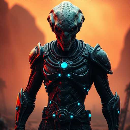 The image depicts a menacing alien creature clad in intricate, dark armor. The alien's head is elongated and adorned with a series of ridges running from its forehead to the back of its skull. Its eyes are glowing red, adding to its sinister appearance. The creature's mouth is wide open, revealing sharp, menacing teeth. Its shoulders are protected by large, black armor pieces, and its chest is covered by a breastplate that features a glowing blue circle at its center. The armor extends down to its forearms, which are also shielded by black armor. The background is a striking blend of orange and yellow hues, with silhouettes of mountains on either side, creating a dramatic and otherworldly setting.