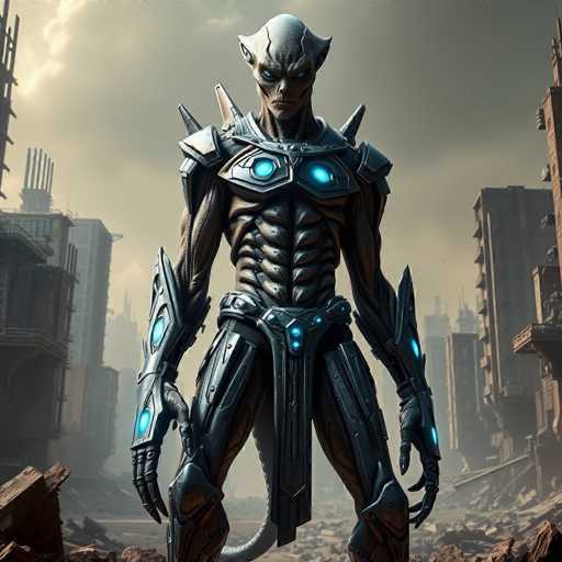 The image depicts a futuristic creature with blue eyes and a metallic body standing on a rocky terrain surrounded by rubble and buildings. The creature is wearing a suit of armor that includes a helmet with a large headpiece and a sword in its right hand.