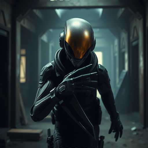 The image depicts a futuristic, possibly AI-generated scene featuring a humanoid figure in a sleek, black suit. The figure's head is encased in a helmet with a striking orange visor, reminiscent of a Star Wars aesthetic. The suit appears to be made of a high-tech material, possibly leather or plastic, and includes a black glove on the right hand. The left hand is raised to the chest, with fingers splayed in an unusual manner, suggesting either a robotic design or an artistic quirk. The background is a dimly lit, metallic hallway with a bluish-green hue, featuring several doorways and a window that allows light to filter through. The floor is littered with debris, adding to the scene's gritty atmosphere. The overall composition evokes a sense of a dystopian or sci-fi setting, possibly from a video game or animated movie.