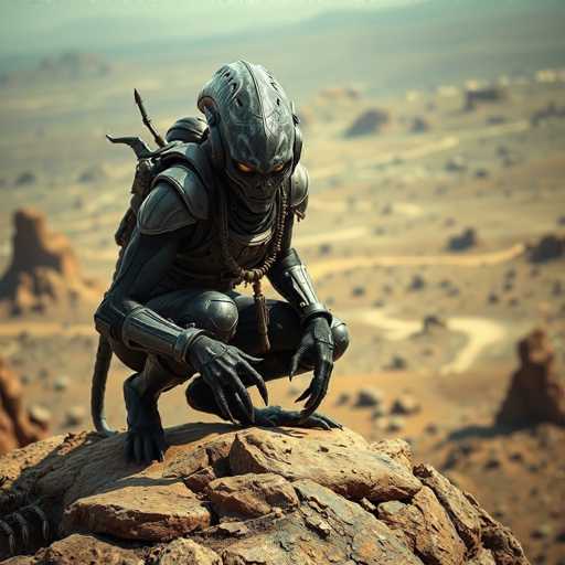A robot with a silver body and black helmet is crouched on a rock formation in the desert. The robot has a backpack strapped to its back and a chain around its neck.