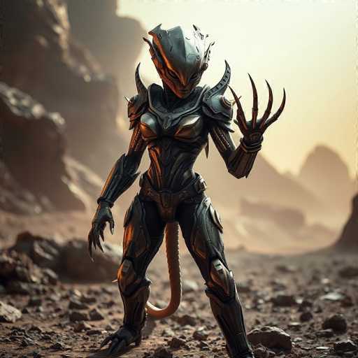 This image depicts a highly detailed, computer-generated character that appears to be from a video game or animated series. The character is a female alien with a distinctly otherworldly appearance. She has a pointed head with a long, slender face and piercing eyes. Her body is adorned with intricate armor that covers her torso, arms, and legs, giving her a formidable and battle-ready look. A notable feature is her long, tail-like appendage that extends from her lower back, adding to her alien nature. The character's right hand is raised, showcasing her long, claw-like fingers. The background suggests she is standing on a rocky, alien terrain, with a blurred, light-colored sky that hints at an otherworldly atmosphere. The overall scene is rich in detail, emphasizing the character's unique and striking design.