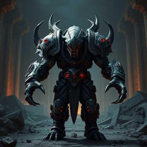 The image depicts a character with large horns and a menacing expression standing on a rocky surface surrounded by rubble. The character is wearing a suit of armor that includes red eye-like spikes on the chest and legs, giving it an imposing appearance. The background features columns and pillars, suggesting a dark or abandoned setting.
