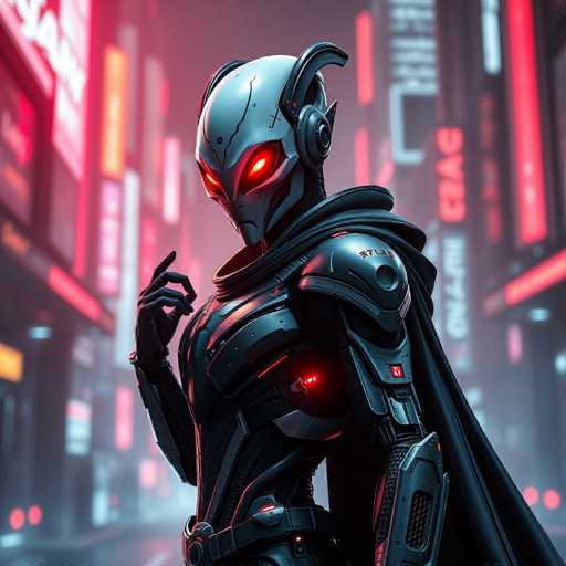 The image depicts a futuristic, AI-generated scene featuring a humanoid robot standing in the middle of a bustling city street. The robot, which has a sleek, metallic silver head with glowing red eyes, is adorned with a black hood and cape. Its body is covered in intricate black armor, complete with a chest plate and shoulder pads. The robot's right hand is raised, with its index finger pointing upwards, while its left arm hangs straight down. The background showcases a vibrant cityscape filled with tall buildings illuminated by red, white, and blue neon lights, creating a stark contrast against the dark, grayish-blue sky. The overall atmosphere is reminiscent of a cyberpunk or dystopian setting, with the robot appearing as a formidable figure amidst the neon-lit urban landscape.