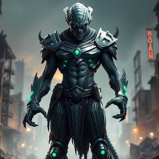 The image shows a character standing in front of a cityscape with buildings and signs. The character is dressed in a futuristic armor that has green lights on it, giving them an otherworldly appearance. They have a large head with blue eyes and horns protruding from their forehead. The character's arms are crossed over their chest, and they are facing the camera directly.