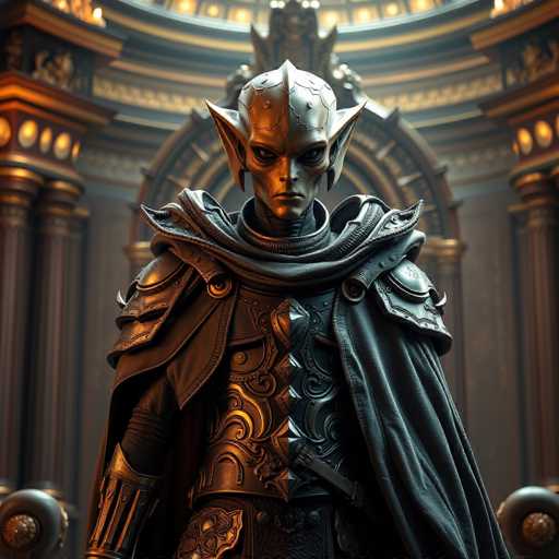 A regal, humanoid figure clad in ornate, dark metallic armor stands centrally against a richly detailed, golden-toned background. The figure's helmet features prominent, pointed ears and a stern expression. A dark cloak drapes over the shoulders, partially obscuring intricate armor details. The overall style is highly detailed and fantastical, reminiscent of a digital painting with a focus on texture and dramatic lighting.