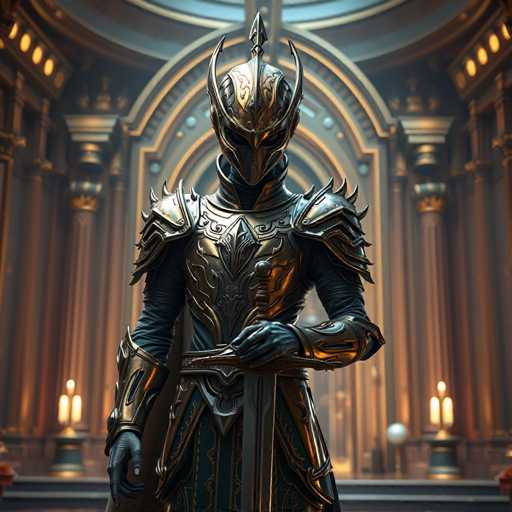 A knight in full armor stands before a grand archway with intricate gold designs and columns, holding a sword in his right hand.