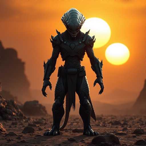 A lone, alien figure stands in a desolate, otherworldly landscape bathed in a warm, orange sunset. The alien is clad in dark, textured armor with sharp, organic-looking details and a prominent, bulbous head. Two glowing orbs hang in the sky behind it, casting a soft glow on the scene. The overall art style is digital illustration with a focus on detailed textures and dramatic lighting, evoking a sense of mystery and isolation.