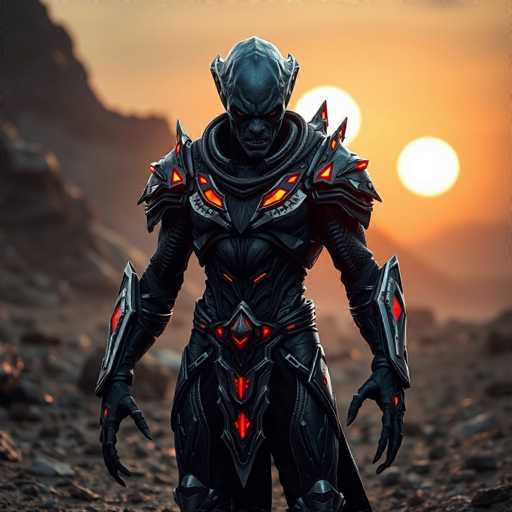 The image depicts a menacing, alien-like creature standing in a rugged, rocky terrain. The creature's head is distinctly non-human, with a pointed top and two horn-like protrusions on either side. Its face is characterized by a long, flat nose, a wide mouth filled with sharp teeth, and piercing red eyes. The creature's body is clad in a dark, black suit of armor that extends from its neck down to its feet, adorned with various red lights and intricate designs. Its hands are equipped with long, black claws, adding to its intimidating appearance. The background features a striking orange sky with two suns, one positioned directly behind the creature's head and the other to its right. The rocky landscape beneath the creature is filled with numerous stones and boulders, enhancing the otherworldly atmosphere of the scene.