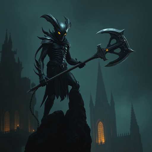 The image depicts a menacing, skeletal figure clad in intricate black armor, standing atop a jagged rock. The figure's glowing orange eyes pierce through its mask, adding to its eerie presence. It wields a formidable weapon, a long pole with a sharp, curved blade at the end, and a chain hanging ominously from the bottom. The background features a dark, foreboding sky with silhouettes of tall, pointed buildings, reminiscent of a gothic castle or cathedral. The structures are adorned with illuminated windows, casting an orange glow that contrasts with the overall darkness. The scene is shrouded in a smoky haze, enhancing the ominous and mysterious atmosphere.