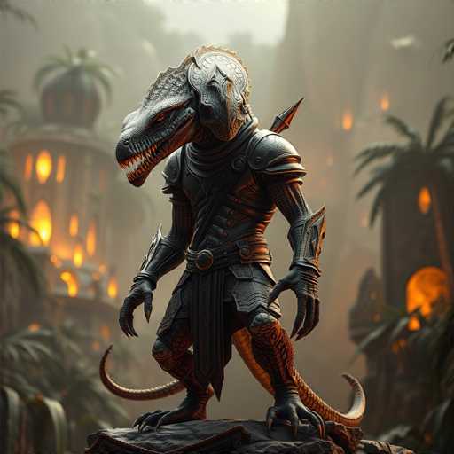 A 3D rendering of a dragon-like creature with a large head and sharp teeth, standing on a rock formation surrounded by palm trees and buildings. The creature is wearing a black suit with gold accents and holding a sword in its right hand.