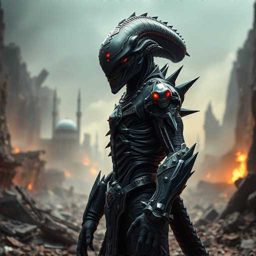 The image depicts a menacing, otherworldly creature that appears to be an alien or demon. Its head is adorned with a long, curved crest that extends from the top of its skull down to its back. The creature's eyes are glowing red, adding to its sinister appearance. Its body is covered in black armor, complete with spikes protruding from its shoulders and chest. The creature's hands are also armored, and it has a tail that ends in a spiky, menacing point. The background is chaotic, filled with rubble and fires, suggesting a scene of destruction. A building with a dome and two spires stands in the distance, adding to the apocalyptic atmosphere. The overall image is dark and ominous, with the creature's glowing red eyes and fiery surroundings creating a sense of impending doom.