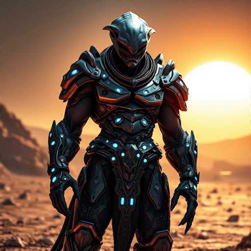 A towering, alien warrior with scaly, iridescent skin stands on a barren, rocky planet. The warrior is clad in high-tech, metallic armor with glowing blue accents. The background features a dramatic sunset with a hazy, purple sky and a distant, blurred landscape. The overall style is hyper-realistic, with a cinematic, otherworldly feel.