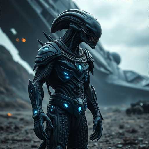 A detailed, highly realistic digital painting of an alien humanoid figure in a futuristic, desolate landscape. The alien is clad in a sleek, dark metallic suit with glowing blue accents, featuring intricate armor plating and organic-looking details. Its head is elongated and helmet-like, with large, dark eyes and a sharp, pointed snout. The alien's body is slender and appears to be made of a dark, textured material. It stands on a rocky, uneven ground with a blurred background suggesting a vast, alien environment. The overall lighting is dim and atmospheric, with subtle highlights on the suit's surface. The style is reminiscent of science fiction concept art, emphasizing a sense of mystery and otherworldly presence.