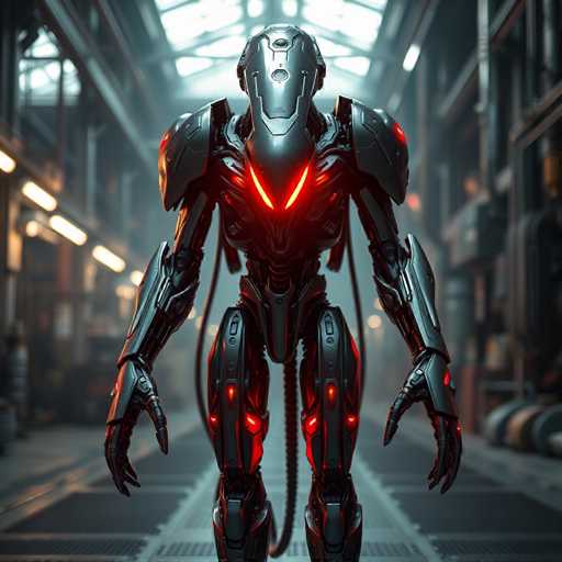 The image depicts a highly detailed, computer-generated robot standing in a futuristic, industrial environment. The robot, which appears to be around six feet tall, is predominantly black with striking red accents. Its head is elongated and narrow, featuring two small circular eyes and a flat mouth. The robot's shoulders are broad and equipped with large, black, rectangular pads. Its chest is marked by a distinctive V-shaped design, emitting a glowing red light. The robot's arms are long and slender, ending in hands with three fingers each, and it stands on two legs. The industrial setting around it includes a metallic floor with black grates, and the walls are lined with pipes and wires. Overhead, a skylight allows natural light to filter in, illuminating the scene. The overall atmosphere suggests a high-tech, possibly dystopian future.