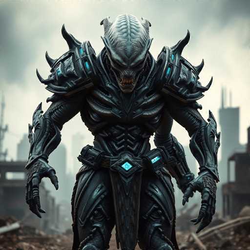 A colossal, menacing alien warrior dominates the scene, clad in dark, heavily armored plating with glowing blue accents. The creature's scaly, metallic skin contrasts with the intricate armor design, creating a powerful visual. The backdrop is a ruined, dystopian cityscape, emphasizing a sense of desolation and post-apocalyptic atmosphere. The overall style is highly realistic, with a strong focus on detail and a dark, ominous tone, characteristic of science fiction art.