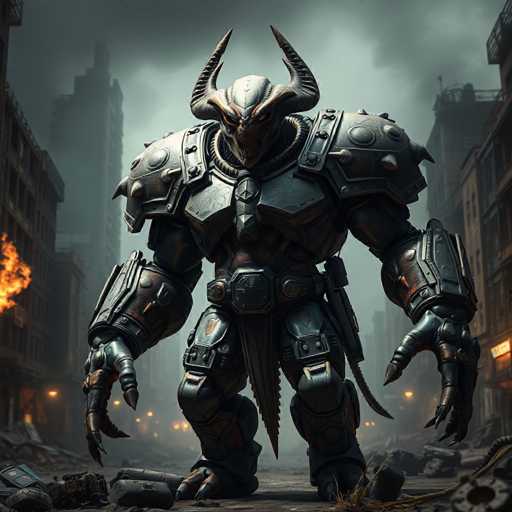 The image depicts a menacing, video game-inspired monster standing in the middle of a post-apocalyptic cityscape. The creature, which has a humanoid form, is clad in intricate, dark gray and black armor that covers its entire body, including its shoulders, chest, and legs. Its head is adorned with two large, curved horns that extend upwards and outwards, and it has a grotesque, demonic face with sharp teeth and glowing red eyes. The monster's hands are equipped with long, claw-like fingers, and it wears a belt with a prominent buckle around its waist. The background features a dark, smoky sky with tall, damaged buildings on either side, some of which are on fire, adding to the overall sense of desolation and destruction. The ground is littered with debris, including what appears to be a canister and other trash, emphasizing the chaotic and ruined environment.